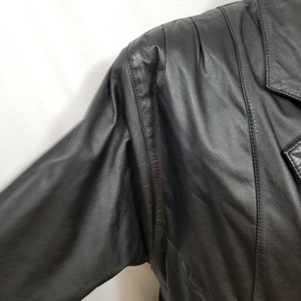 VTG Wilsons Thinsulate Black Genuine Leather Women's Petite S Button Trench Coat - Picture 9 of 15